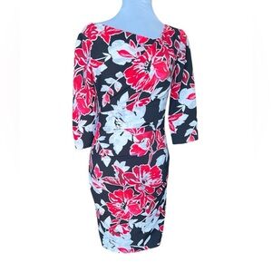White House Black Market Floral Sheath Dress Black Red White Size 00 3/4 Sleeve